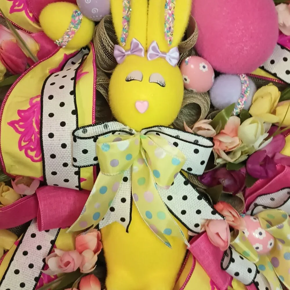 Easter Wreath for Front Door, Flocked Bunny Wreath, Easter decoration, Spring